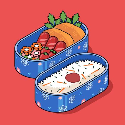 食品等距便当盒插图膳食菜肴日本