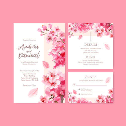 树木婚礼卡与樱花概念设计水彩插画蓬勃发展樱花装饰