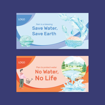 Twitter扭曲与世界水日概念设计的社会媒体和社区水彩插画模板生活保护蓝色