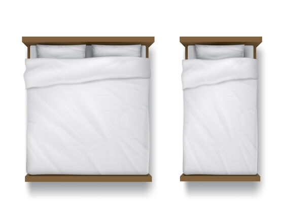 亚麻带白色床单 枕头和羽绒被的单人床和双人床酒店特大床木材