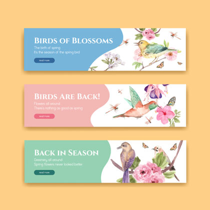 自然横幅模板与春天和鸟的广告和营销水彩插图的概念设计绘画开花树木