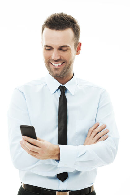 沟通商人使用智能手机短信欢呼专业职业