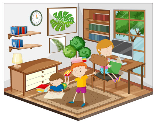 阅读孩子们在客厅做作业的场景生活家庭结构