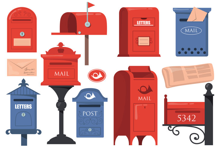 套装传统的英文信箱红色和蓝色的老式邮箱 白色背景上有字母隔离的旧邮箱地址信件邮件