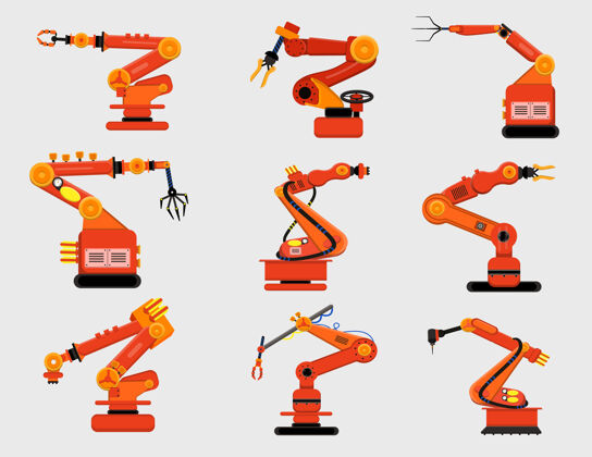 不同机械手臂集各种机械爪 制造机器人隔离于白色卡通插画自动机械设备