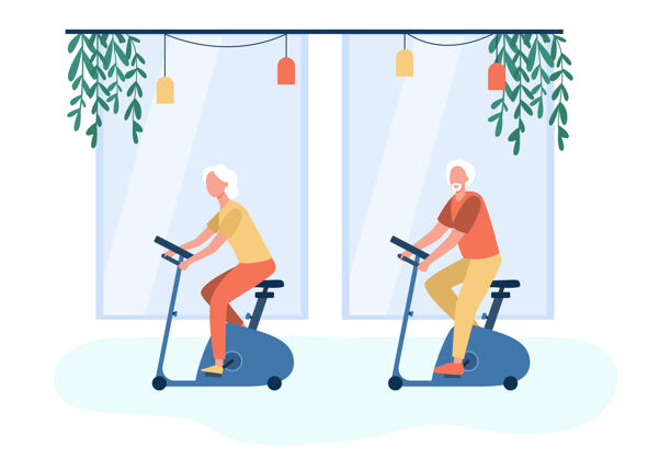 老年人老年人在健身房锻炼自行车卡通插图祖父养老金运动