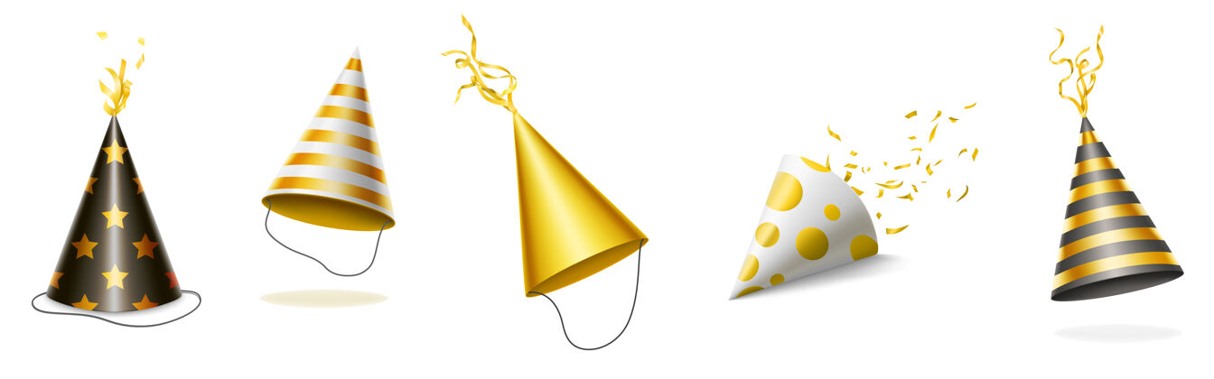节日生日庆典用的金色和黑色条纹 圆点和星星的派对帽五彩纸屑传统闪亮