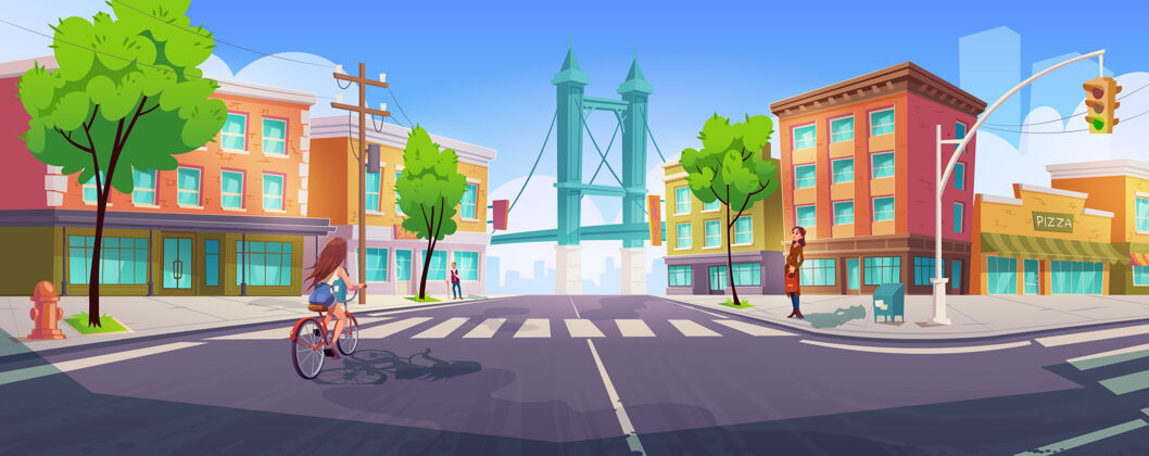 城市景观城市街道上的人们有十字路口 建筑物和桥梁城市大都市自行车