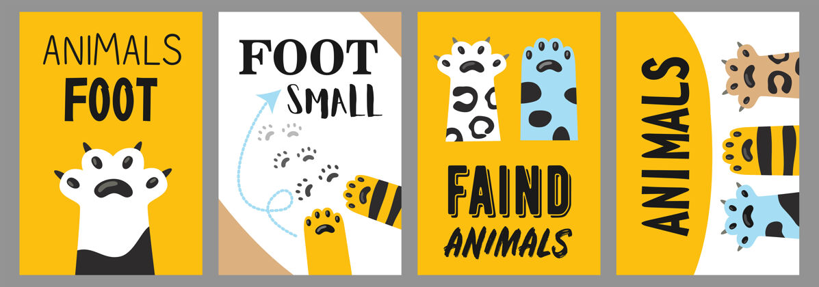 脚动物脚海报集猫爪和爪子插图与白色和黄色背景上的文字卡通插图文字咖啡馆时尚