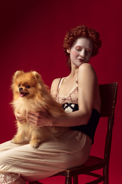 传说中世纪红发女公爵穿着黑色紧身衣和睡衣坐在椅子上的红色空间与小狗或狗历史文艺复兴民间