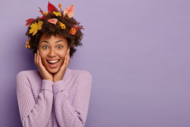 牙齿快乐的非洲女人卷发 抚摸脸颊 头发上有落叶 穿着紫色毛衣 笑容灿烂 在紫罗兰色的墙上摆姿势 自由的空间欢乐高兴请