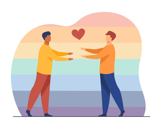 自由男同性恋情侣在爱心的象征 拥抱 彩虹背景卡通插图男人浪漫男性