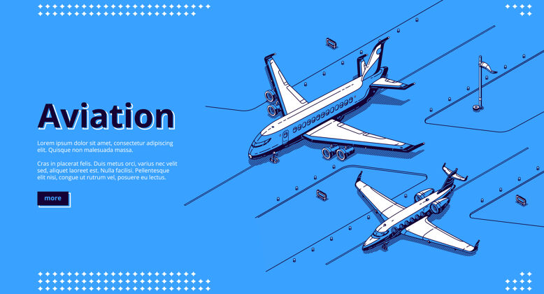 着陆航空横幅等轴测白色飞机在机场跑道上的蓝色民用飞机发动机