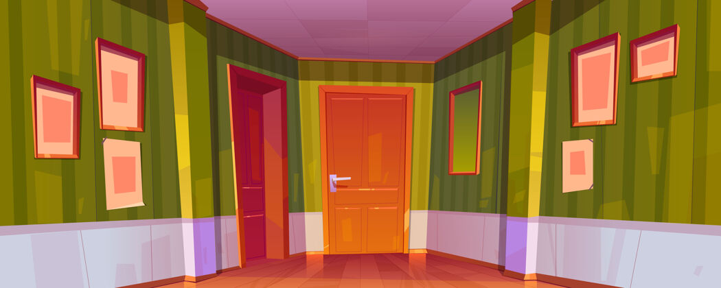 镜子室内走廊 房间大门紧闭 绿色墙纸 画框和墙上的镜子封闭卡通酒店