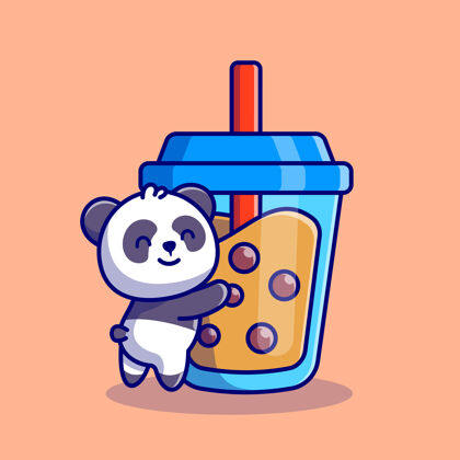 宠物可爱的熊猫拥抱波巴奶茶卡通图标插图动物饮料图标概念溢价平面卡通风格冷玻璃咖啡