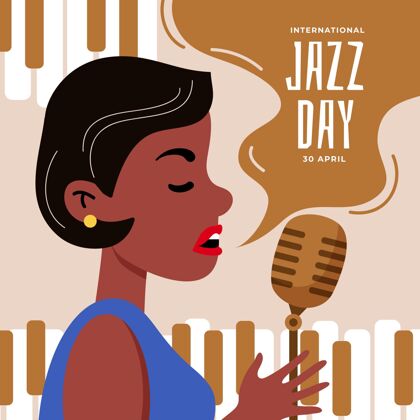 插图手绘国际爵士乐日插画与女人唱歌爵士乐日活动麦克风