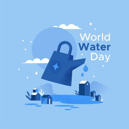 3月22日世界水日插画与浇水罐和村庄液体平面设计世界水日