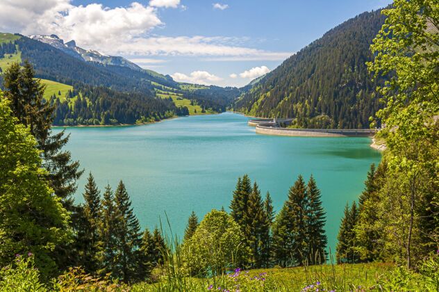 河流美丽的景色湖环山在隆林湖和大坝瑞士公园船欧洲