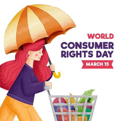 庆祝世界消费者权益日插画与妇女拿着雨伞和购物车购物车手绘伞
