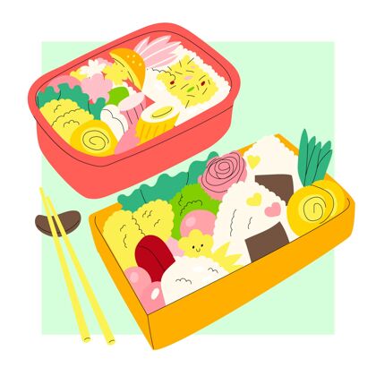 午餐手绘便当盒插图食品容器日本