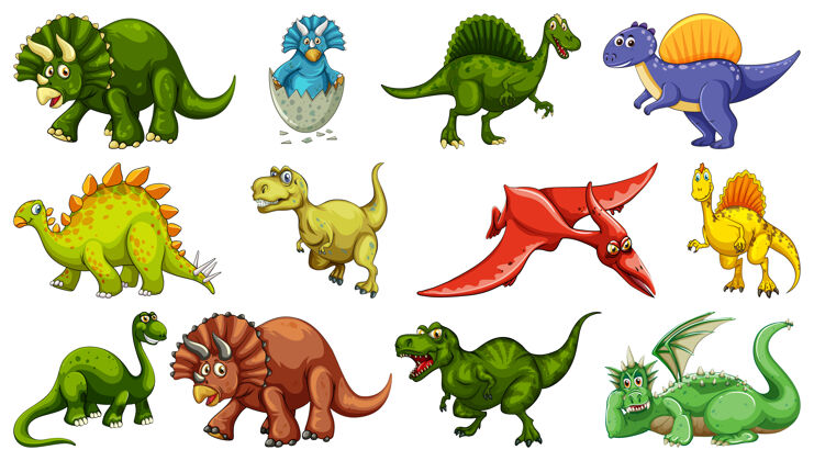 暴龙一组不同的恐龙卡通人物隔离在白色背景上绘画食肉动物生活