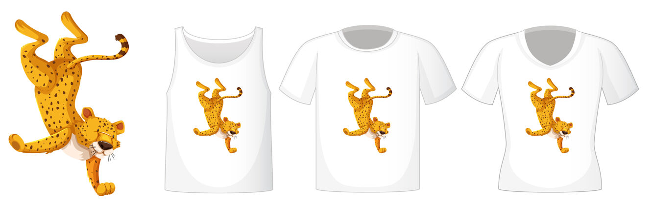 设置一套不同的衬衫与豹子舞蹈卡通人物隔离在白色背景上颜色动物彩色