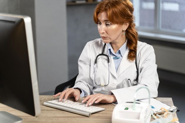 职业女医生在办公桌上用电脑打字医学键盘医生