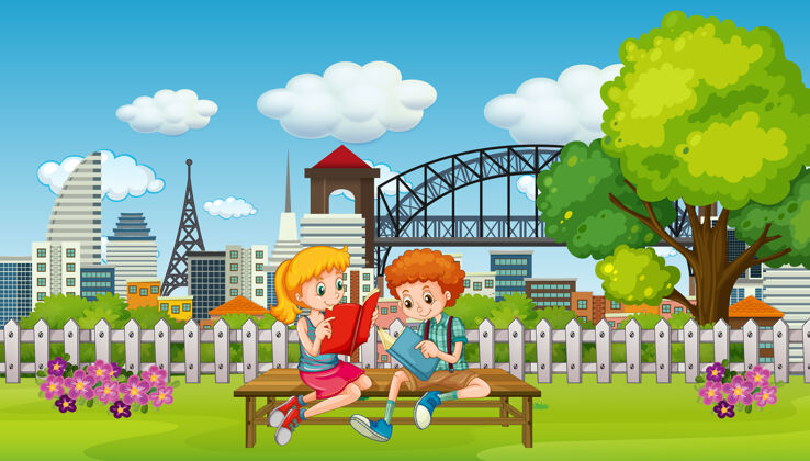 朋友两个孩子在公园看书的场景城市可爱户外