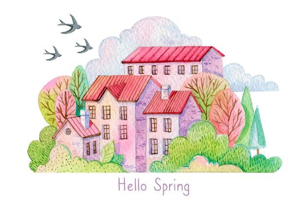 绘画春天的景色房子场景水彩画
