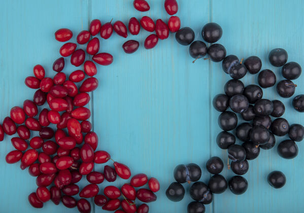 膳食顶视图的水果 如树莓和山茱萸浆果设置在蓝色背景与复制空间的圆形山茱萸套装形状
