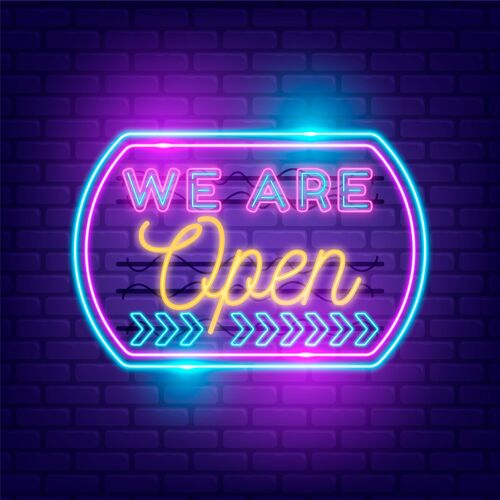 开放24小时店内有霓虹灯的“我们开门”标志信件文字效果开放