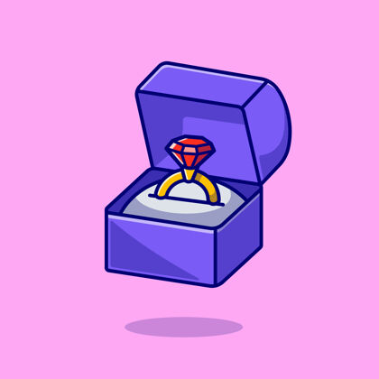 钻石盒子里镶着钻石的金戒指平面卡通风格戒指盒子珠宝