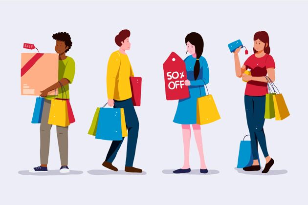 产品人们站着拿着购物袋平面设计人电子商务