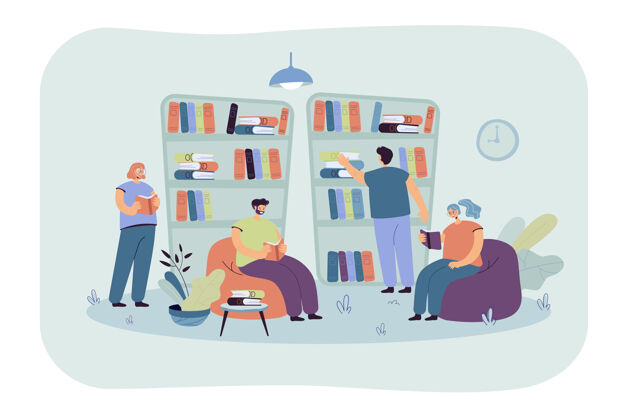图书馆人们坐在书架旁 在书店看书学生们在图书馆学习书店书虫书架
