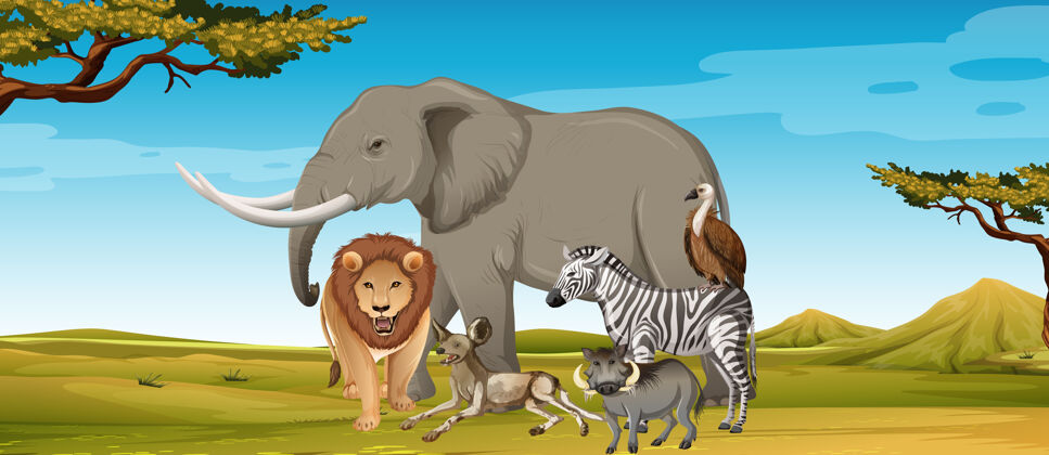 可爱动物园里一群非洲野生动物的场景动物户外剪贴画