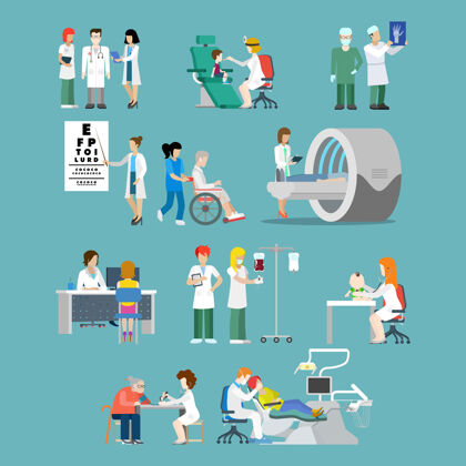 护士平板式医院专业专家概念人物图标为医院患者团队设置检查x光轮椅mri眼科医生牙医儿科医生护士牙科医生设置