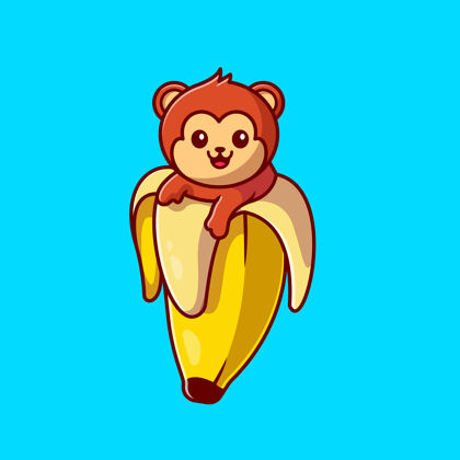 欢呼可爱的猴子香蕉卡通图标插图动物猴子健康