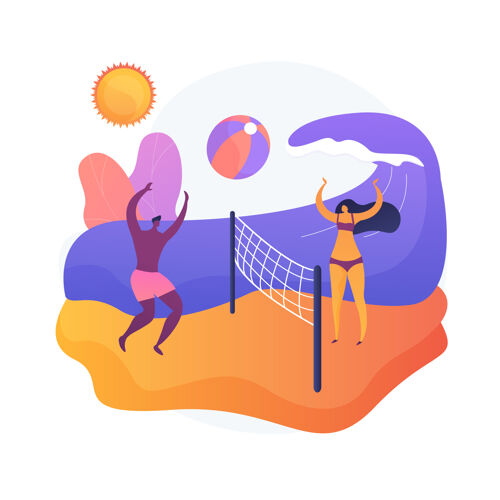 家庭暑期活动暑假 海边放松 户外球类运动晒太阳的游客打沙滩排球积极的休息想法海边摘要男孩