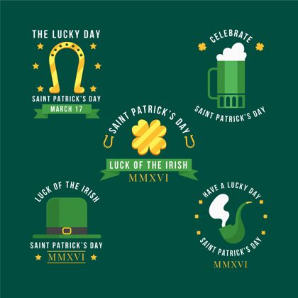 包装收集扁平的圣帕特里克节徽章爱尔兰传统节日