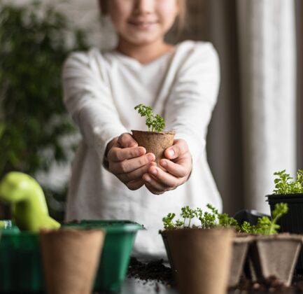 农业笑脸小女孩在家拿着花盆里的植物生物植物种植