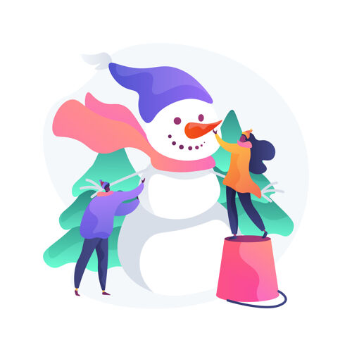 棉花糖建筑雪人抽象概念插图趣味活动 冬季休闲 圣诞节假期 建筑用雪 创造雪人 家庭户外休闲雪人抽象娱乐