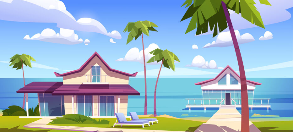 异国情调岛上度假海滩上的现代平房 热带夏季景观 带露台的成堆房屋 棕榈树和海景木制私人别墅 酒店或别墅 卡通矢量插图别墅木材海滩