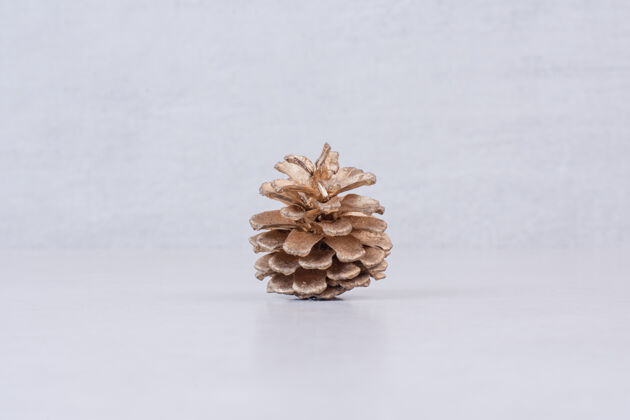 新年一个金色的松果在白色的表面物品雪松松木