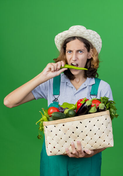 抱着年轻的园丁穿着连体衣戴着帽子拿着装满新鲜蔬菜的箱子辣椒站着蔬菜