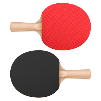 木材乒乓球拍 乒乓球拍 上下视图运动器材 木制手柄和橡胶 红黑相间的球拍表面 白色背景 真实的三维矢量插图乒乓球手柄比赛