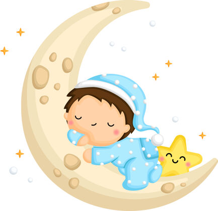 年轻睡在月球上的可爱男孩幼儿可爱夜晚