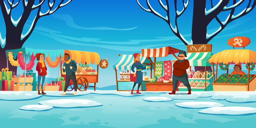 景观有摊位 卖家和顾客的圣诞市场 有摊位的冬季街市 传统糖果和礼品 出售的杉树装饰小亭建筑人