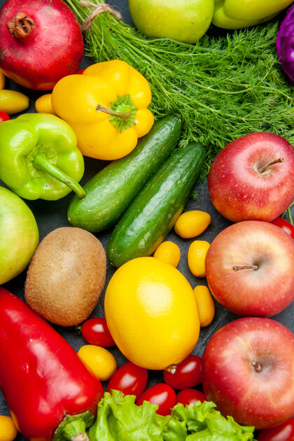 水果和蔬菜俯瞰蔬菜和水果樱桃番茄孜然苹果莳萝莴苣甜椒猕猴桃黄瓜柠檬石榴莳萝石榴食物