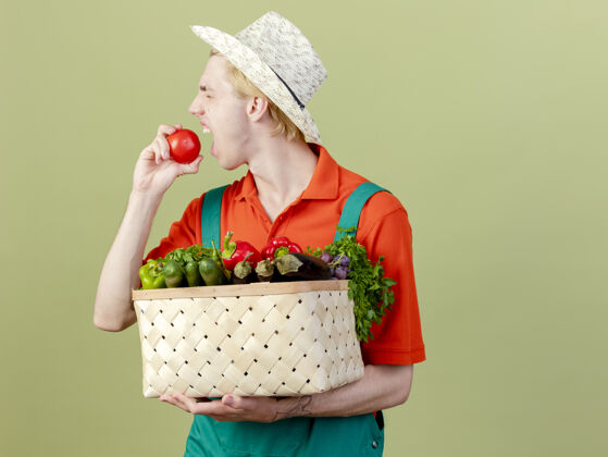 充分年轻的园丁穿着连体衣 戴着帽子 手里拿着装满蔬菜的箱子 咬着新鲜的西红柿 站在明亮的背景下年轻蔬菜立场
