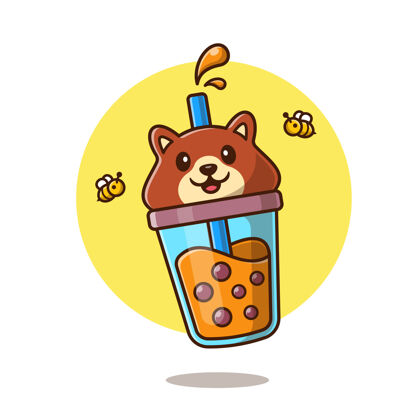 吉祥物可爱的熊波巴奶茶与蜜蜂卡通图标插图动物饮料图标概念隔离平面卡通风格牛奶蜜蜂稻草